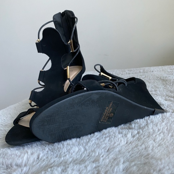 Forever Black Suede Wedges with Gold Accents - Picture 3 of 12